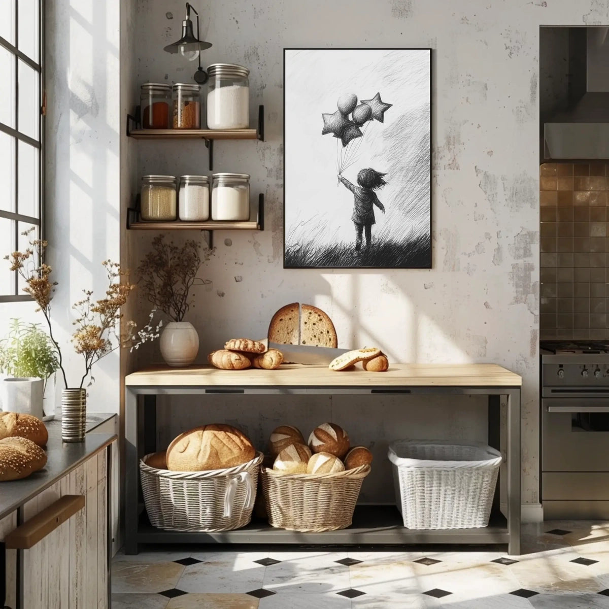 Monochrome Sketch Child Releasing Star Balloons Poster