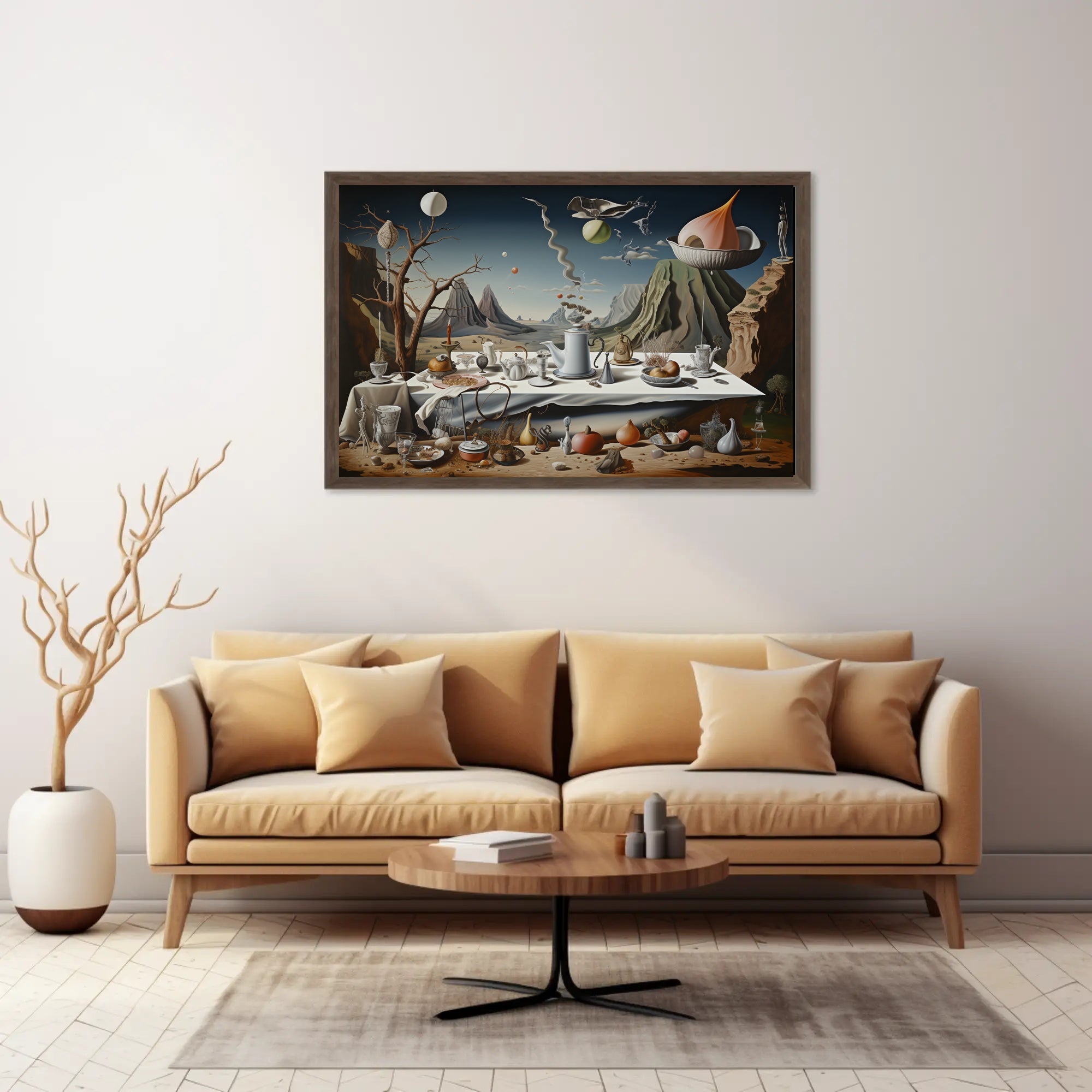 Surreal Dreamscape with Chaotic Still Life Artistic Poster