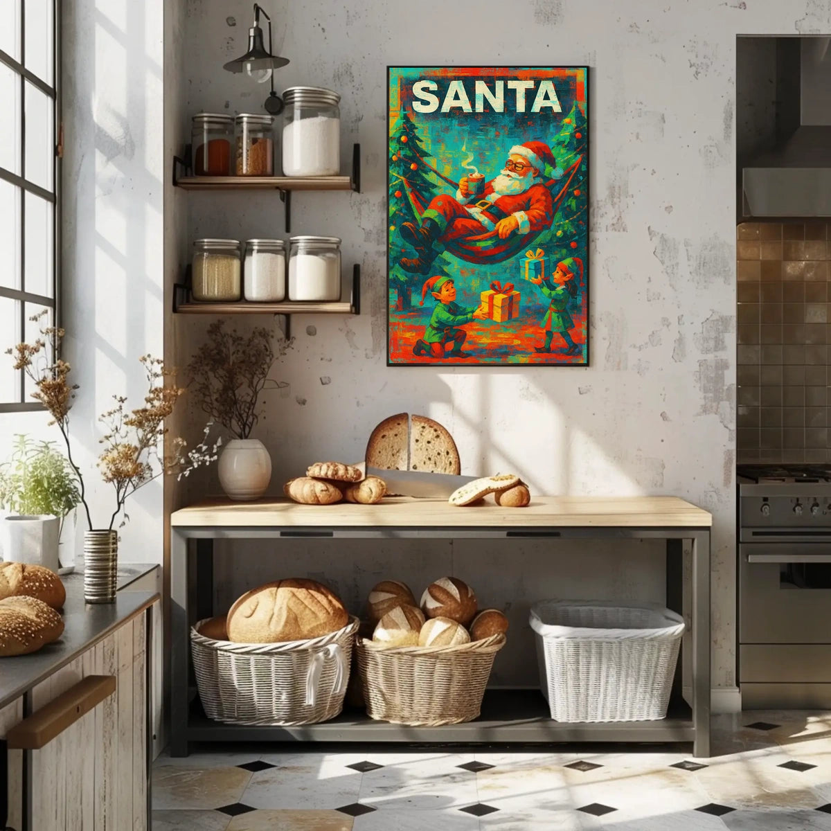 The poster features a festive Christmas theme with a playful depiction of Santa Travel Poster