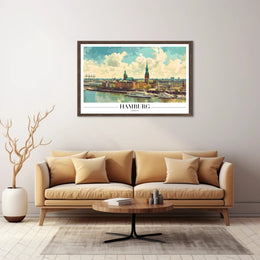Scenic Hamburg Harbour Vibrant Illustration Urban or Cityscape Poster