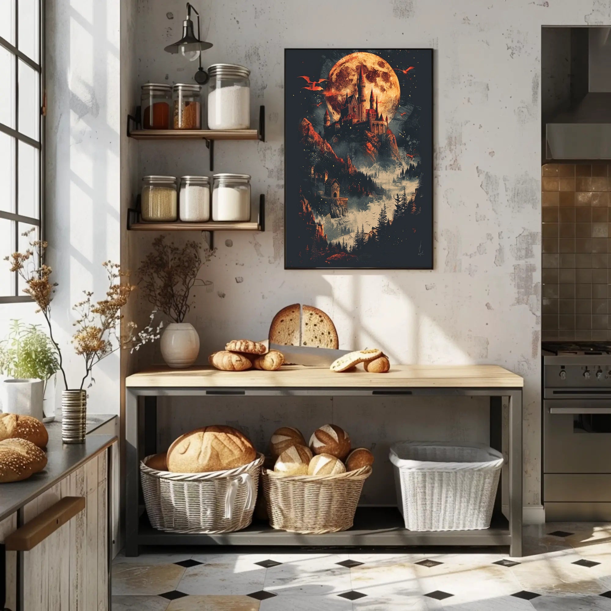 Mystical Castle and Dragons Fantasy Art Poster PosterGoat