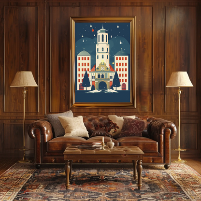 Winter Town Hall Scene With Stars Travel Poster