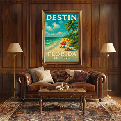 Destin Florida Palm Umbrella Beach Travel Poster