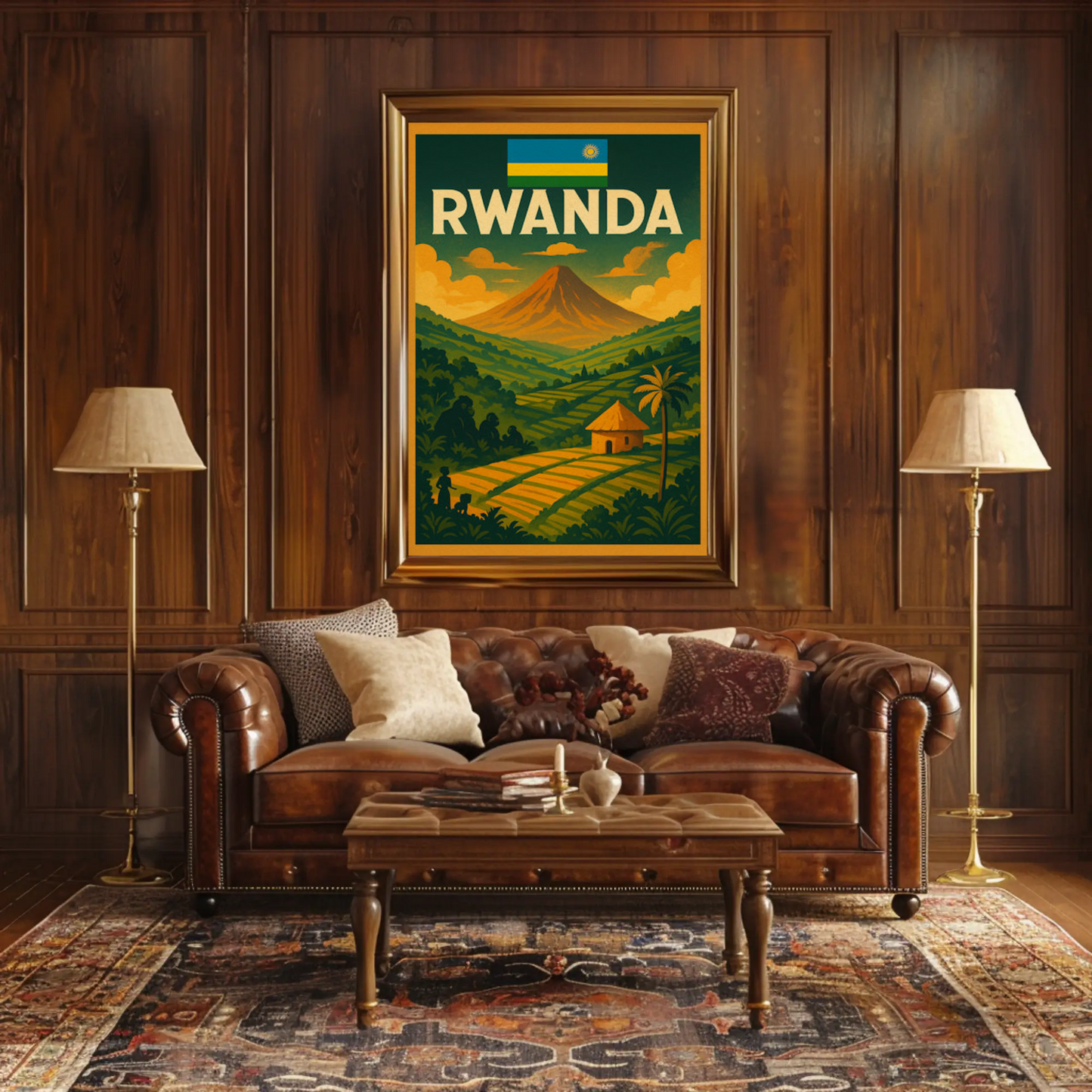 Rwanda Flag and Fields Sunset Travel Poster