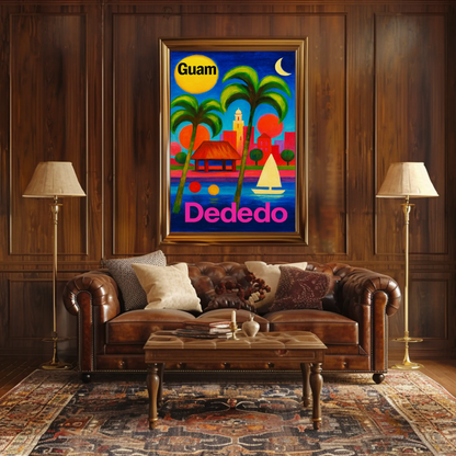 Dededo Guam Colorful Skyline Moonlight Travel Poster