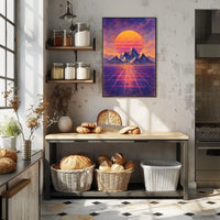 Vibrant Retro-Futuristic Sunset Over Mountains Futuristic Sci-Fi Poster