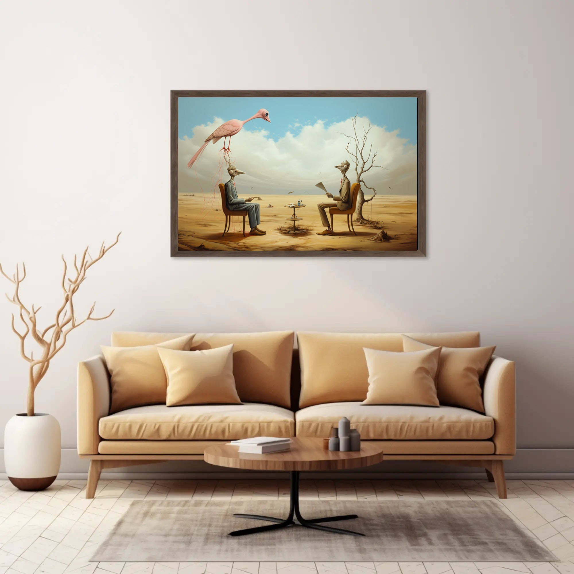 Surreal Bird-Headed Figures Formal Meeting Artistic Poster