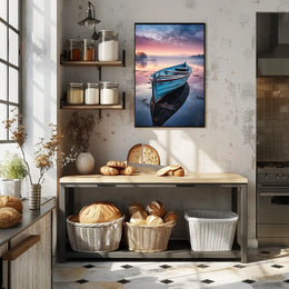 Solitary Wooden Boat on Serene Lake - Artistic Poster