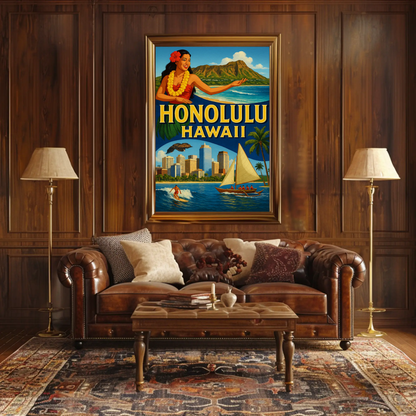 Honolulu Hawaii Surfer Skyline Hula Travel Poster