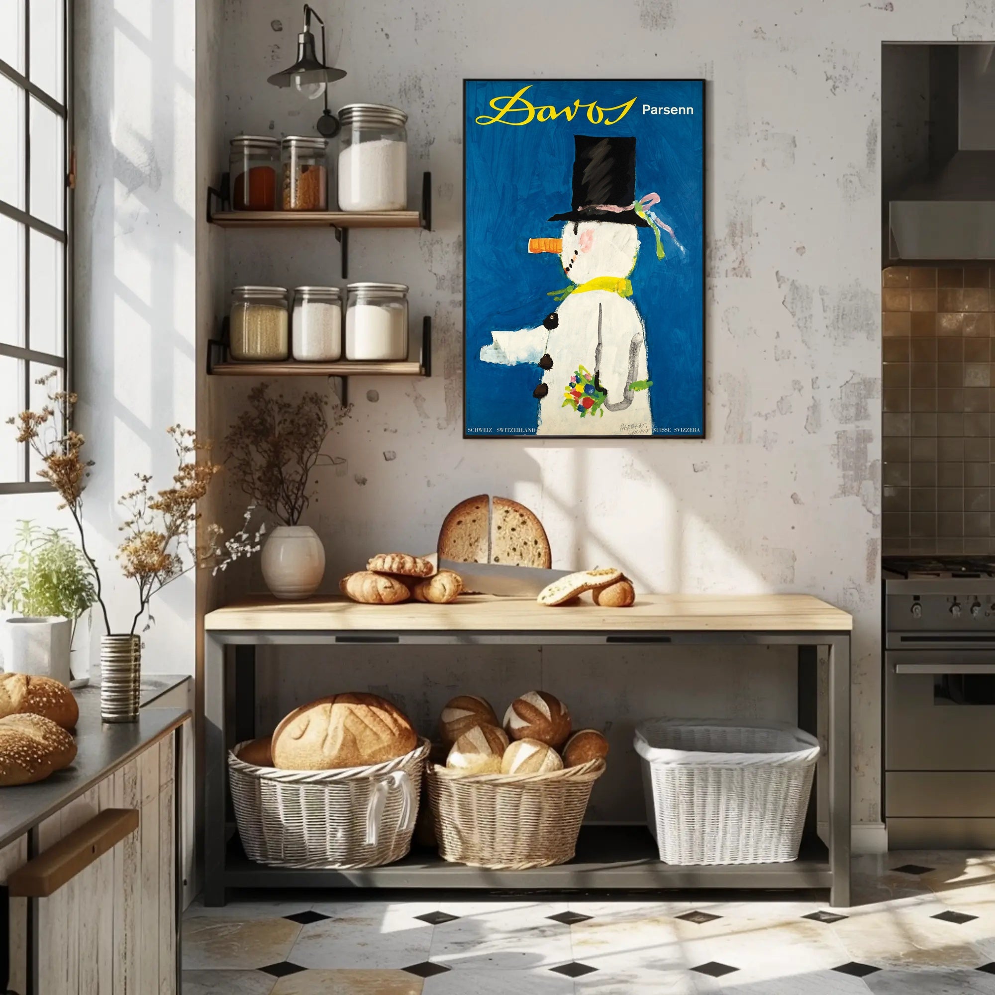 Whimsical Snowman Switzerland Travel Poster PosterGoat