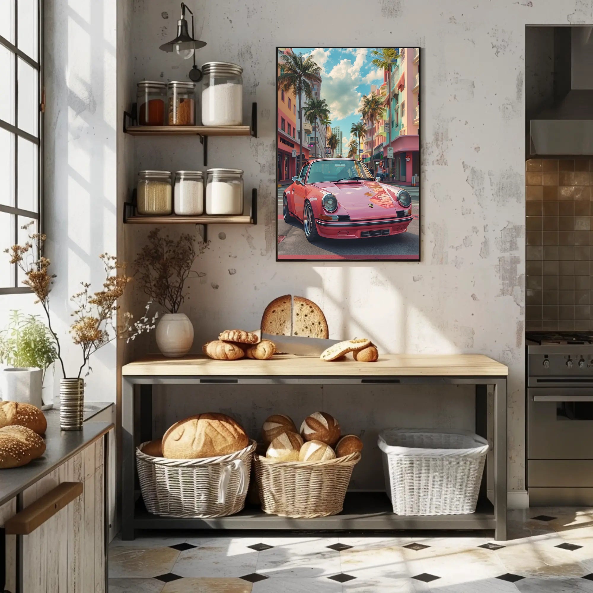 Vintage Car in Vibrant Cityscape Art Poster Print PosterGoat