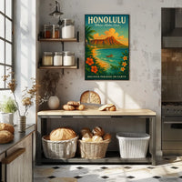 Honolulu Vintage Paradise Travel Poster Illustration