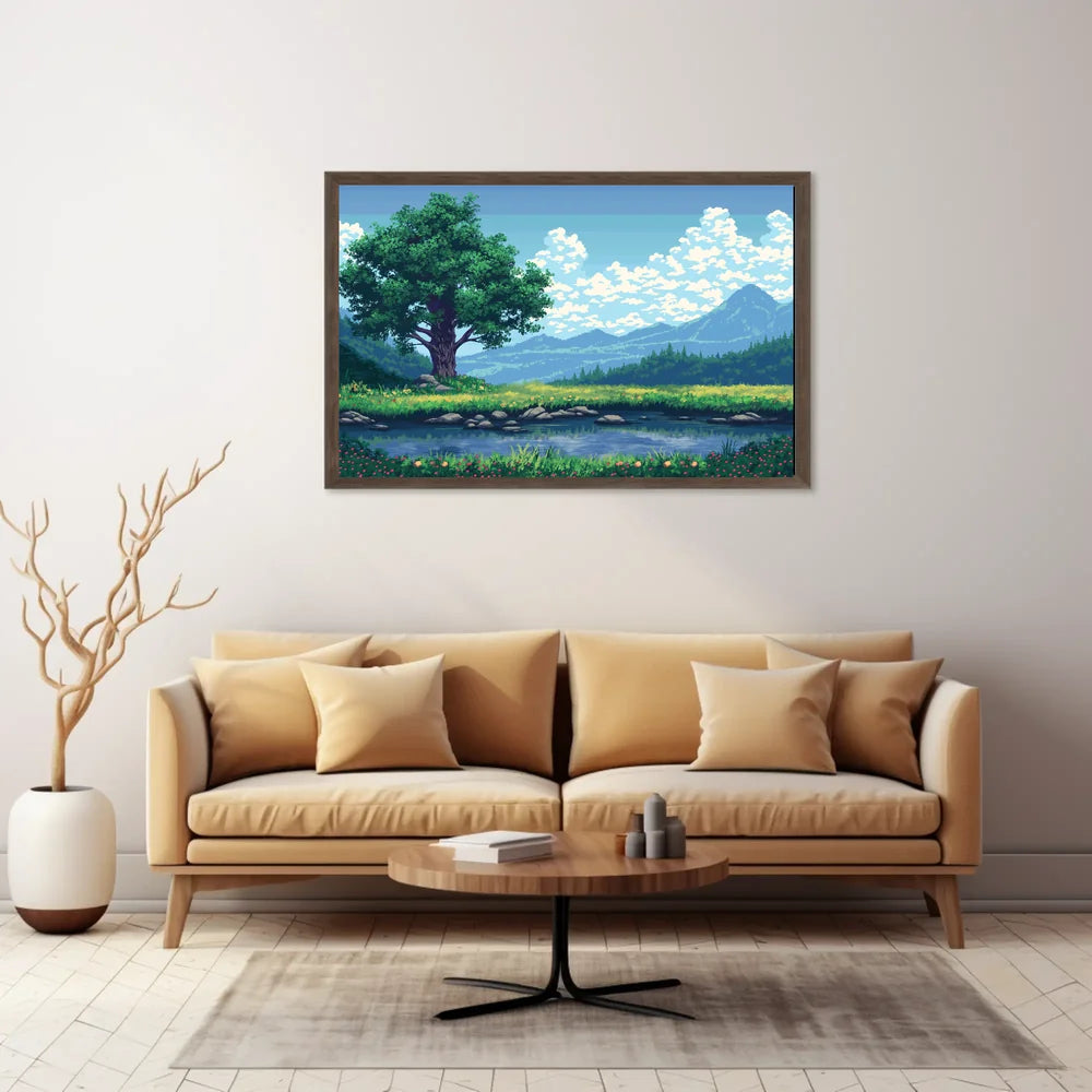 Serene Pixel Art Meadow with Tree and Pond