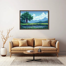 Serene Pixel Art Meadow with Tree and Pond