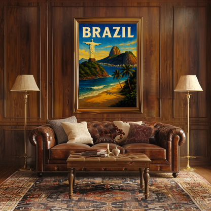 Brazil Rio De Janeiro Christ Statue Beach Travel Poster