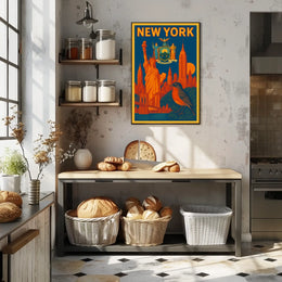 New York Poster Vintage Statue Skyline Bridge Wall Art