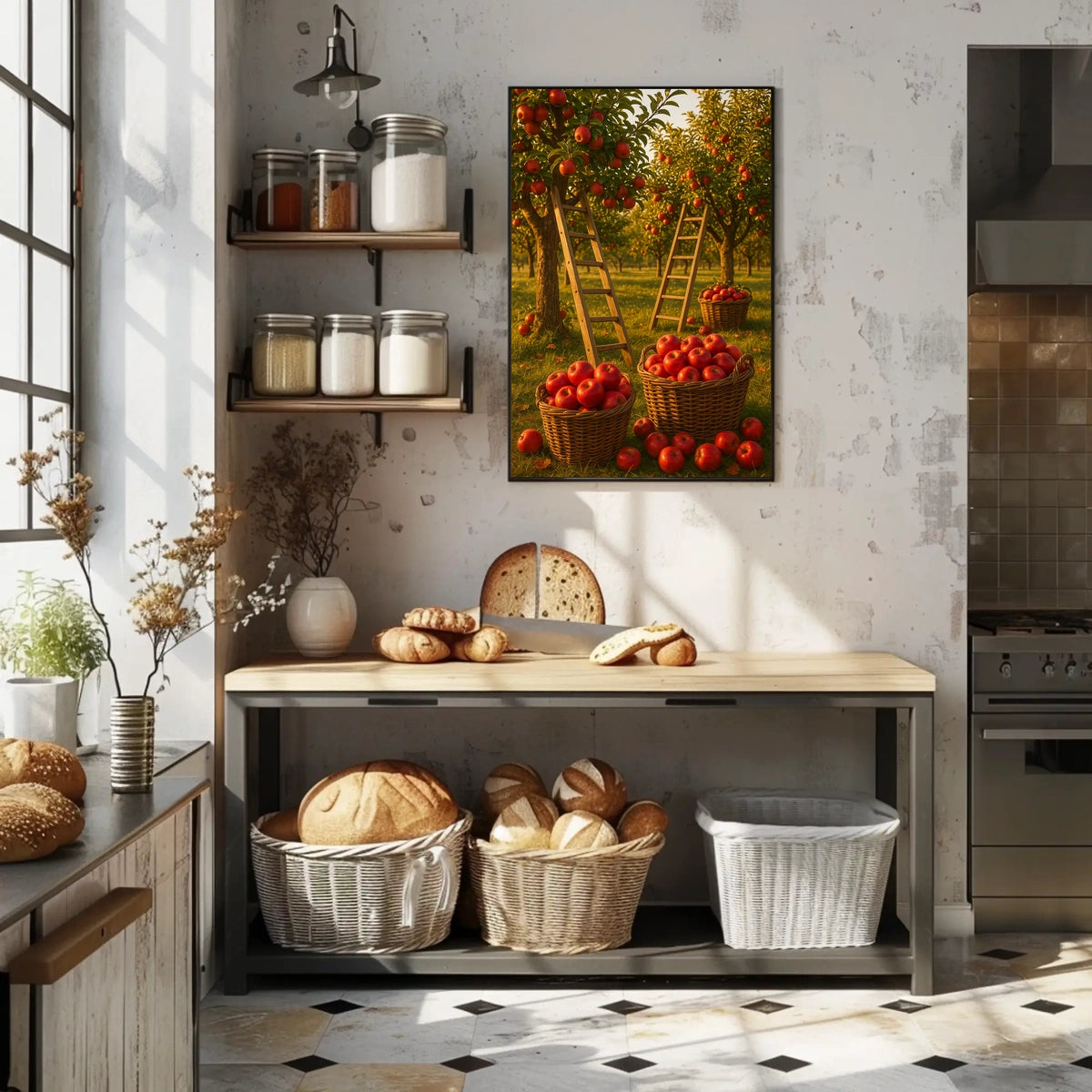 Serene Orchard Apple Harvest Photorealistic Rural Countryside Rustic Charm Nostalgic Farm Sunset Warmth Poster