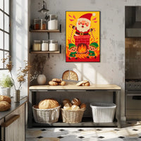 This whimsical poster depicts a festive Christmas scene with Santa Claus and two Travel Poster