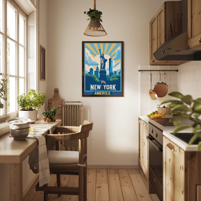 New York America Skyline Liberty Sunrise Vintage Travel Poster
