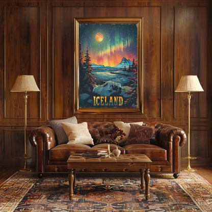 Iceland Aurora Borealis Winter Scene Travel Poster