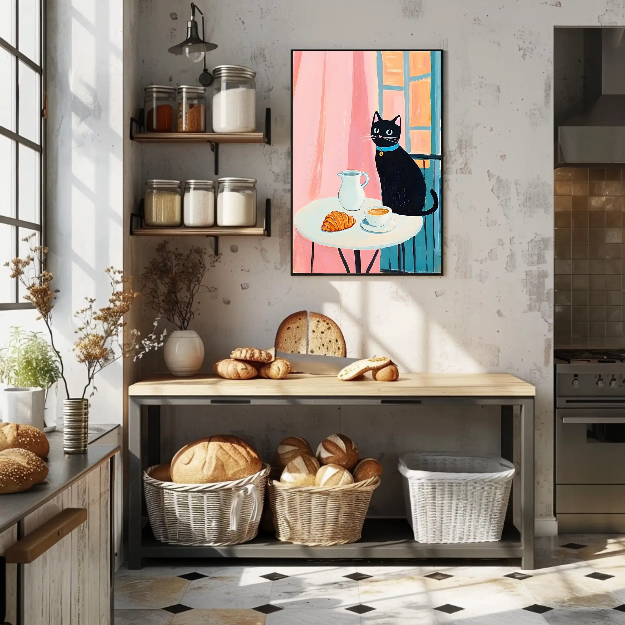 Morning Cat Cafe Poster Vintage Travel Wall Art Print