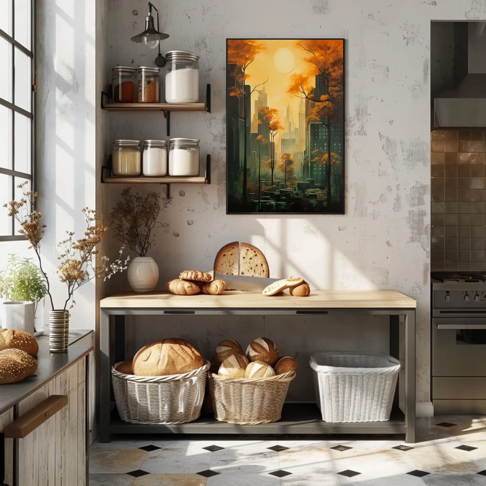 Urban Autumn Cityscape with Skyscrapers and Nature Poster