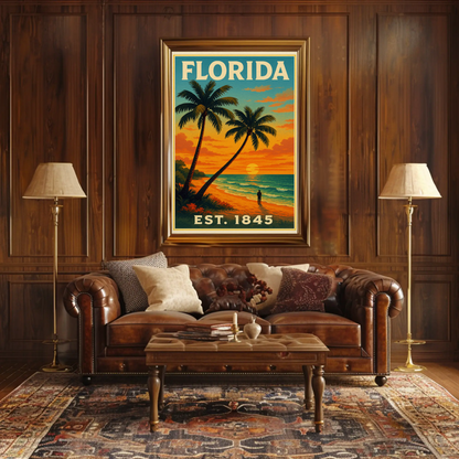 Florida Sunset Beach Walk Palms Horizon Travel Poster