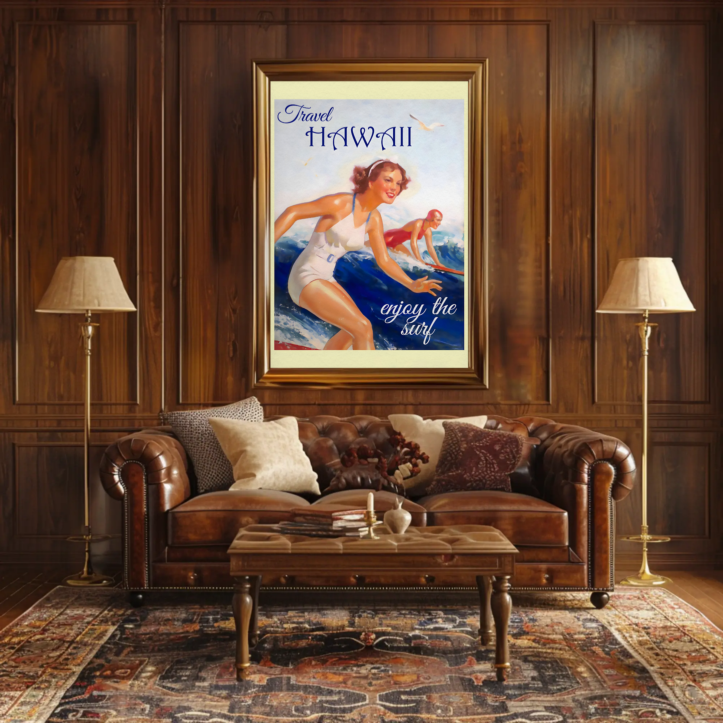 Hawaii Vintage Women Surfing Ocean Retro Travel Poster