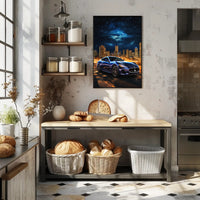 Luxury Maserati in Urban Skyline Futuristic Sci-Fi Poster