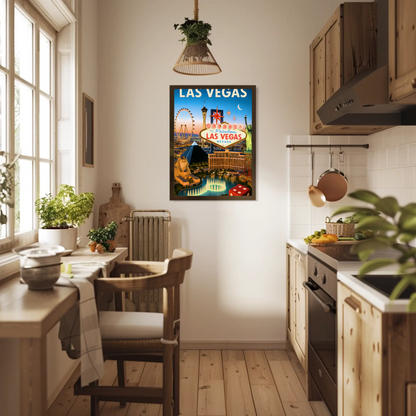 Las Vegas Iconic Landmarks Night Lights Vintage Travel Poster