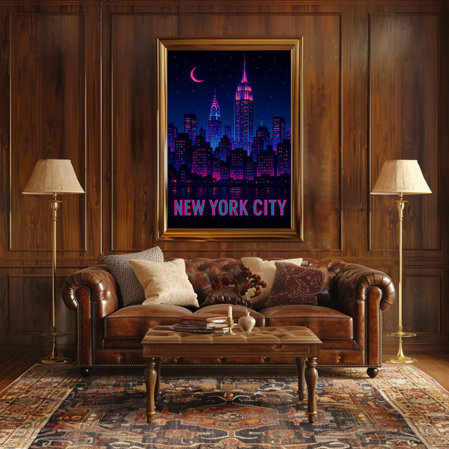 New York Neon Skyline Empire State Night Stars Travel Poster