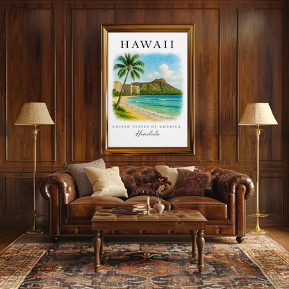 Honolulu Hawaii Diamond Head Beach Scene Poster