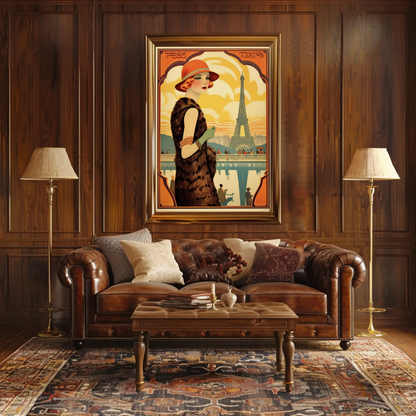 Paris Eiffel Tower Art Deco Lady Fashion Travel Poster