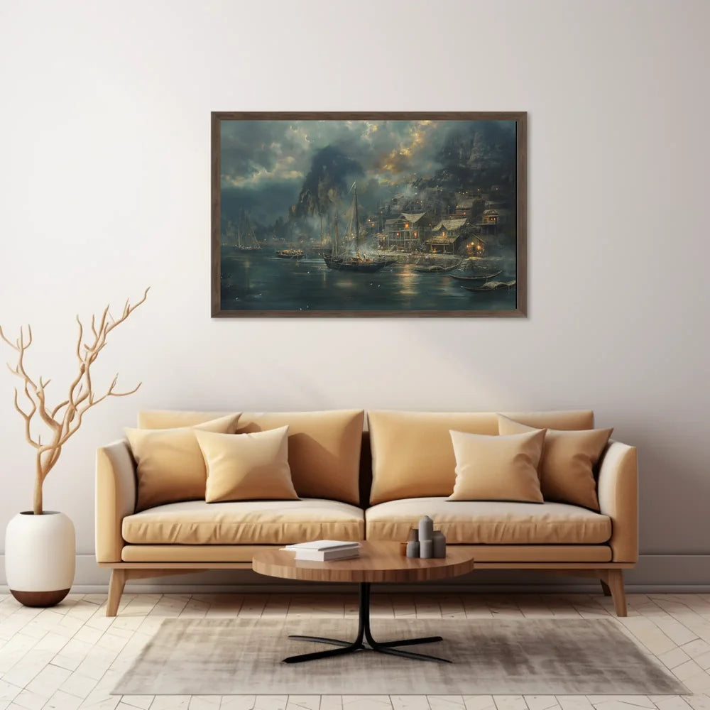Harbor Scene: Nostalgic Maritime Fantasy Art Poster