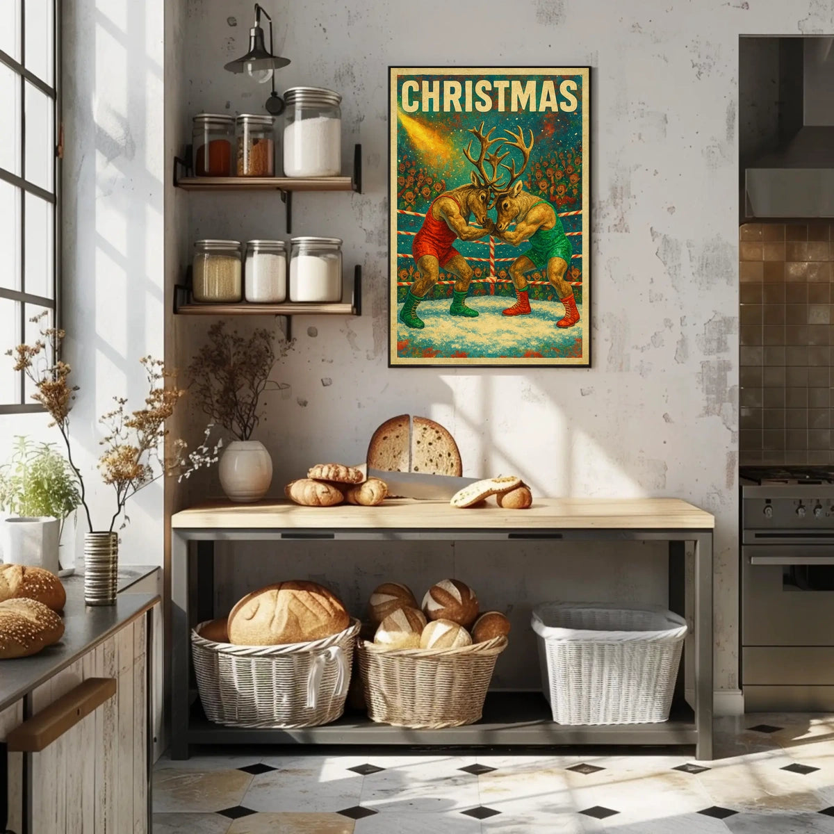 Whimsical Reindeer Wrestling Christmas Fantasy or Mythology Poster