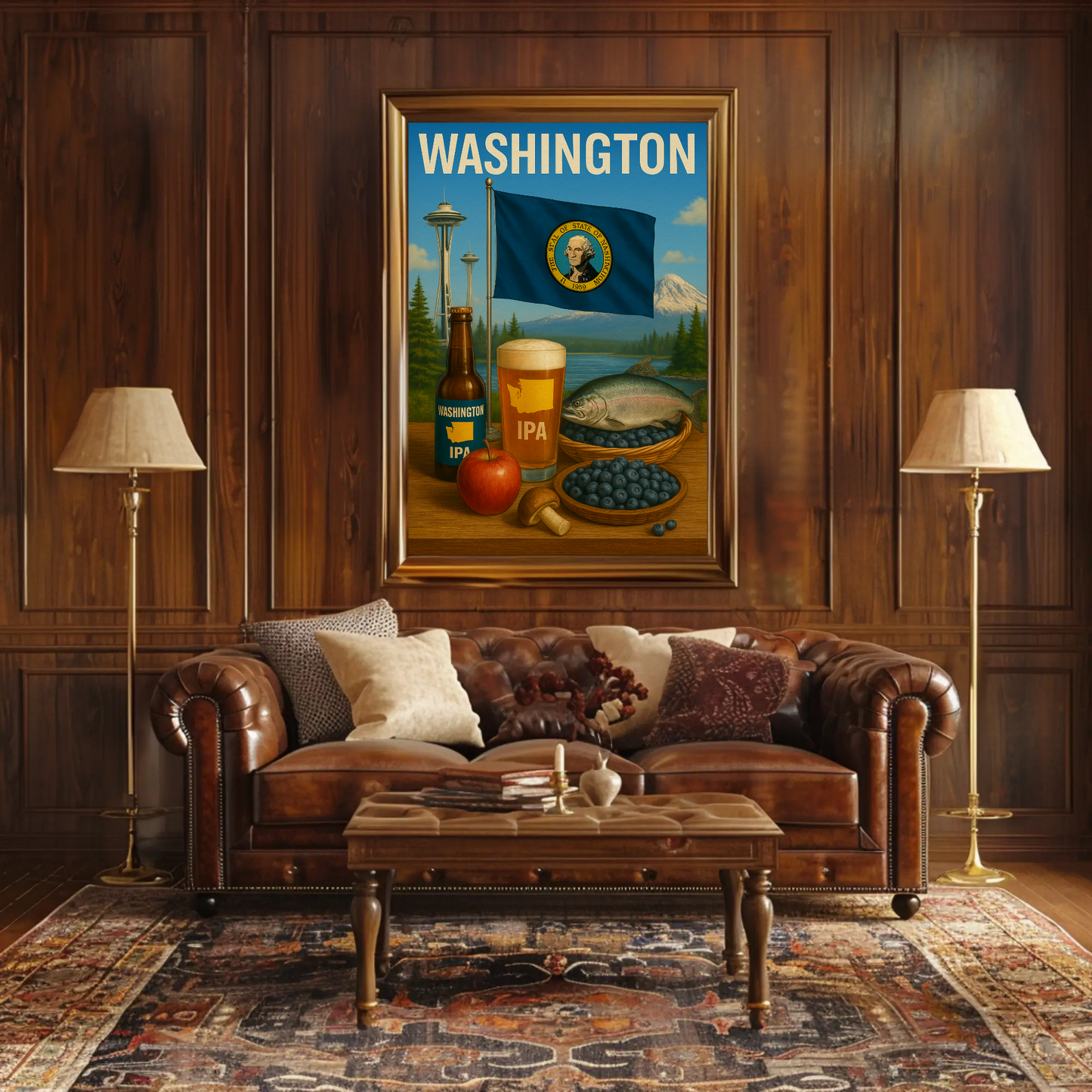 Washington IPA Salmon Space Needle Travel Poster