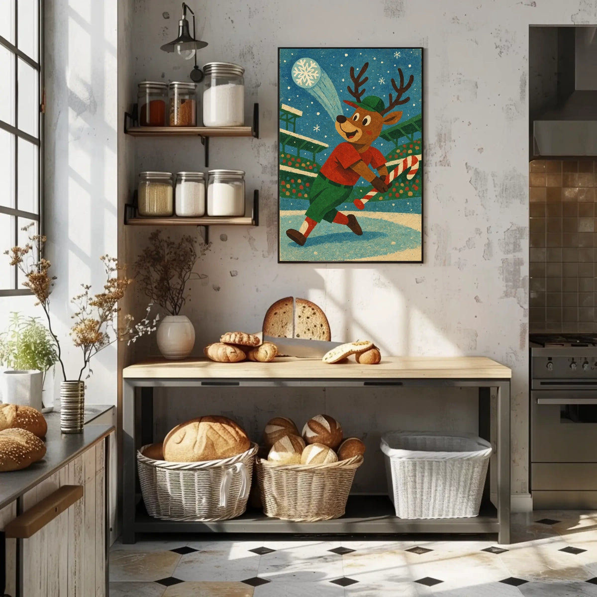 Whimsical Reindeer Baseball Holiday Poster Vintage Style