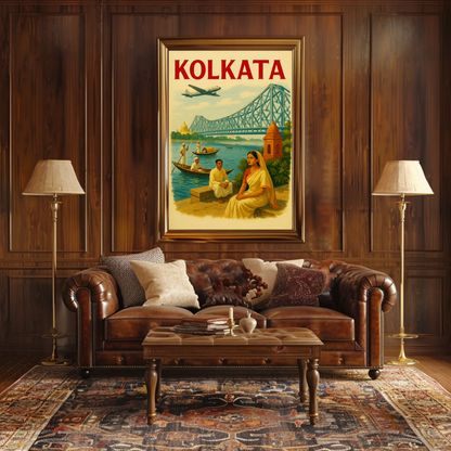 Kolkata India Bridge River Culture Scene Poster