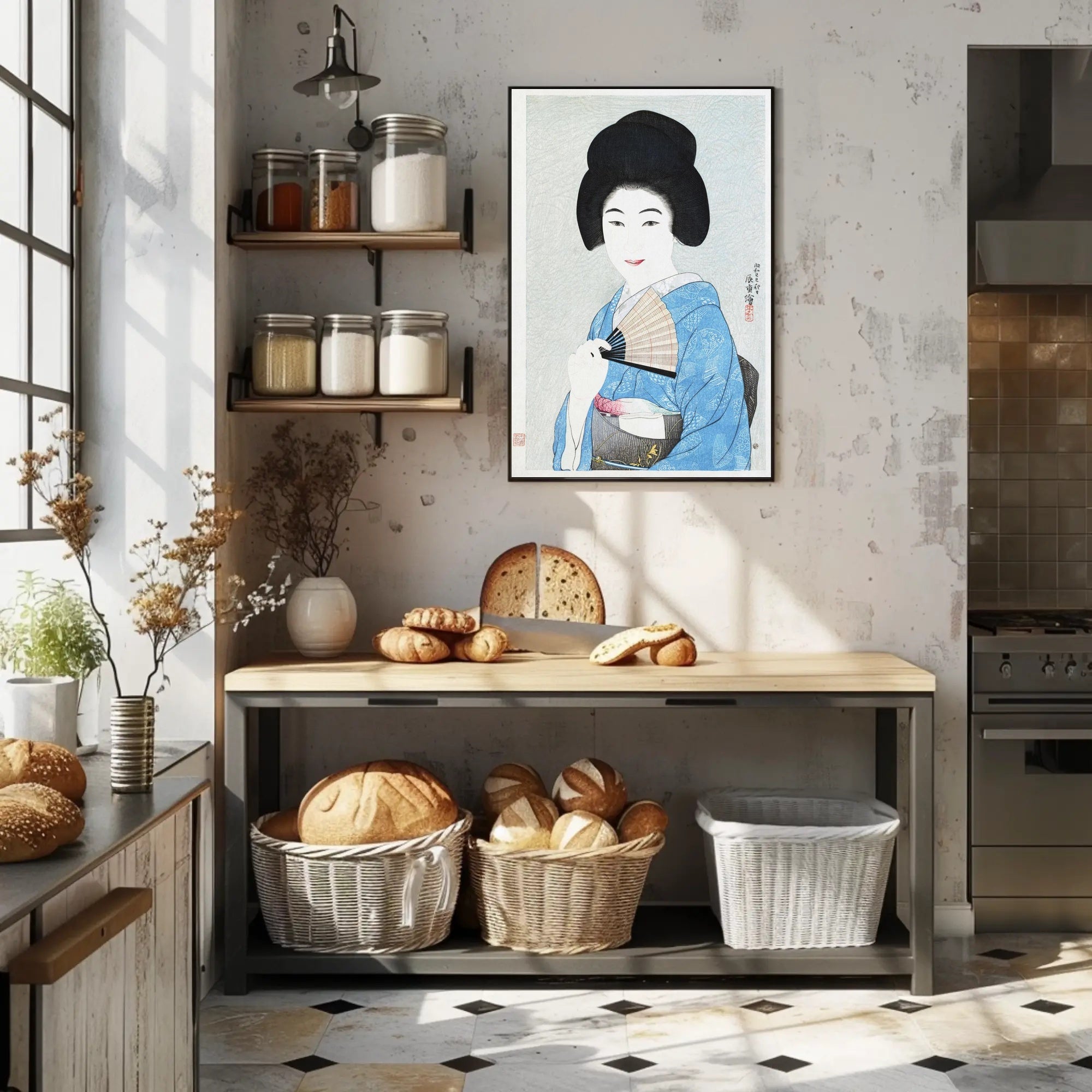 Portrait of Elegance: Traditional Japanese Woman in Blue Kimono Poster