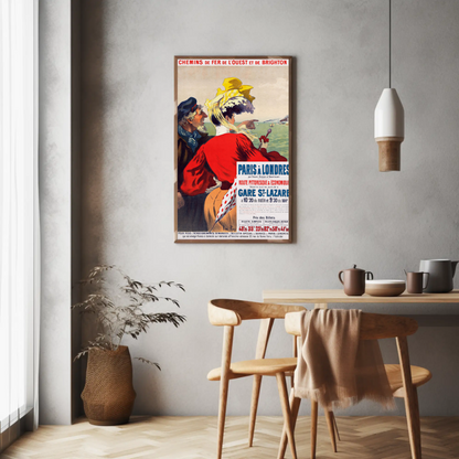 Paris To London Seaside View Couple Vintage Travel Poster
