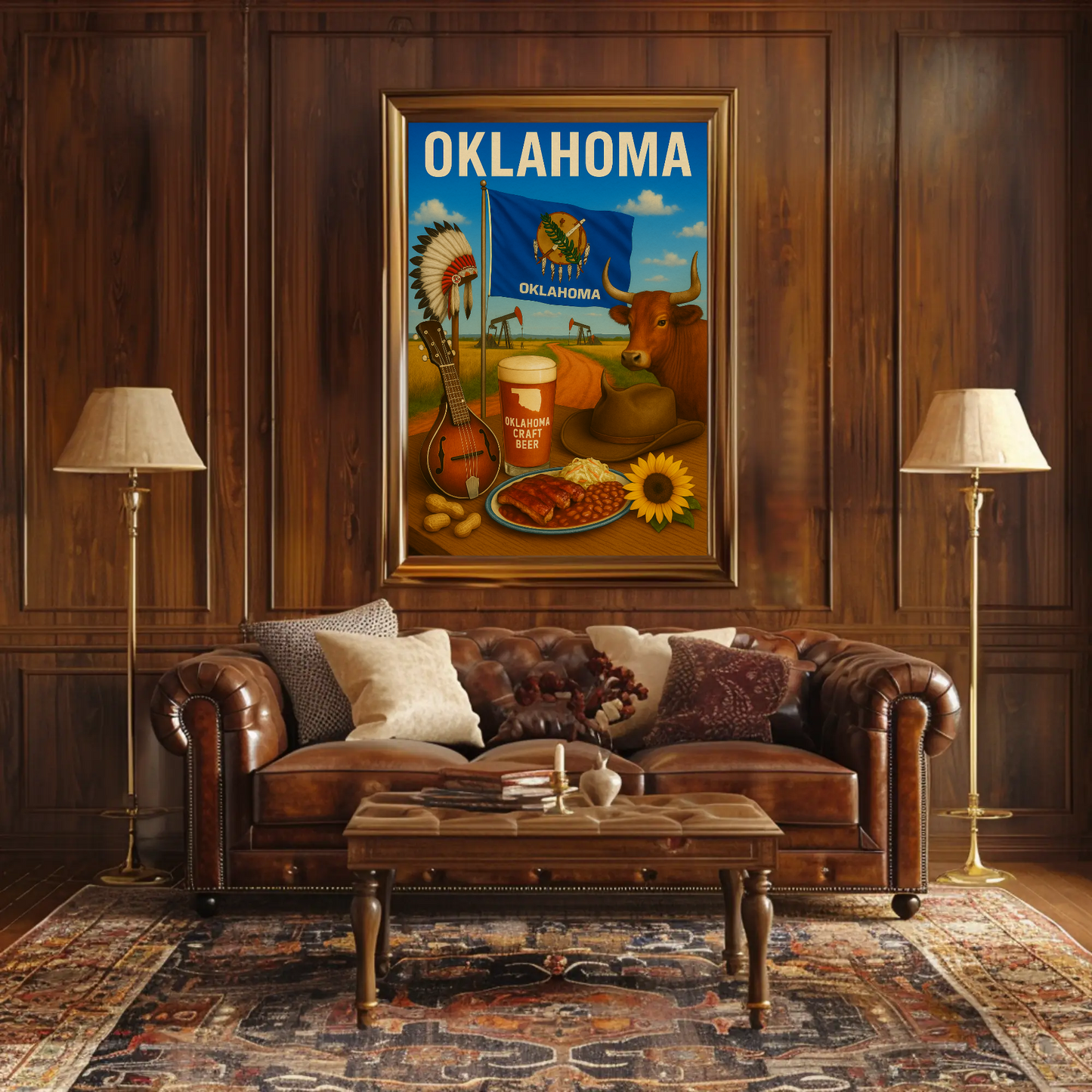 Oklahoma BBQ Cow Mandolin Flag Beer Travel Poster