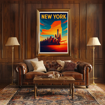 New York State Outline Skyline Sunset Silhouette Travel Poster