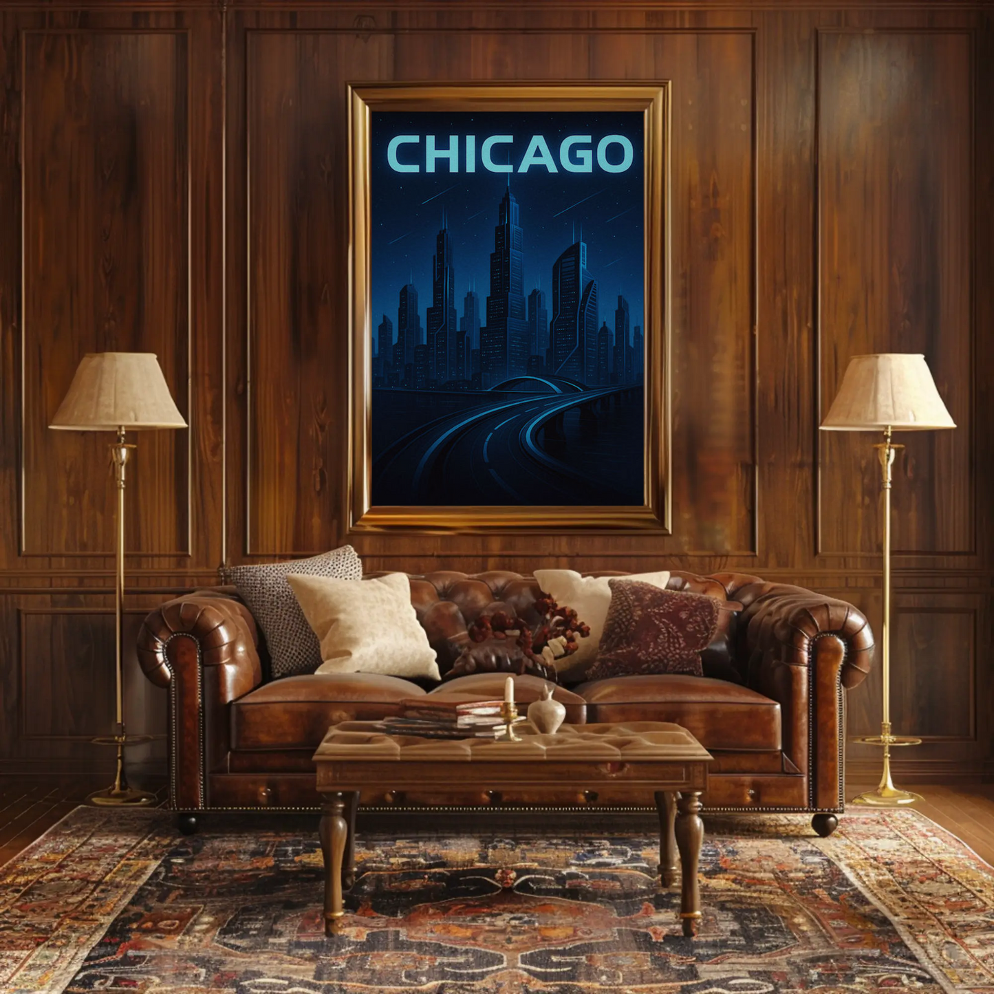 Chicago Futuristic Night Cityscape Blue Lights Travel Poster