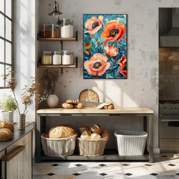 Vibrant Poppy Botanical Art with Vintage Flair Poster