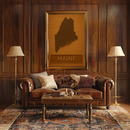Maine Wooden Engraved State Outline Vintage Travel Poster