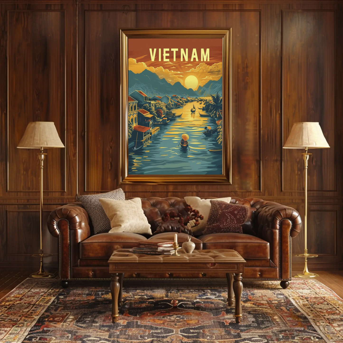 Vietnam River Sunset Floating Village Travel Poster