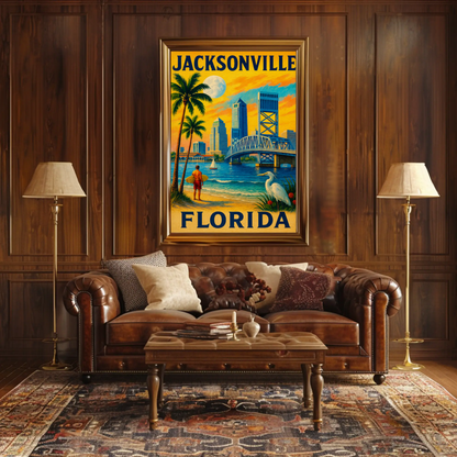 Jacksonville Florida Surfer Bridge Skyline Sunset Travel Poster