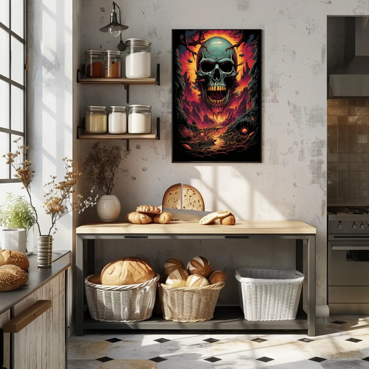 Eerie Skull Over Fiery Alien Landscape Poster