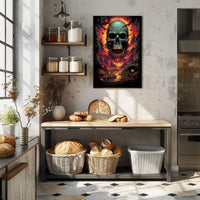 Eerie Skull Over Fiery Alien Landscape Poster
