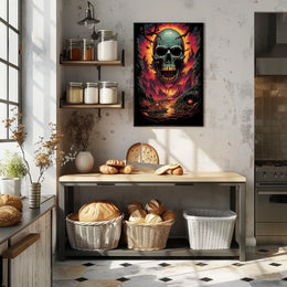 Eerie Skull Over Fiery Alien Landscape Poster